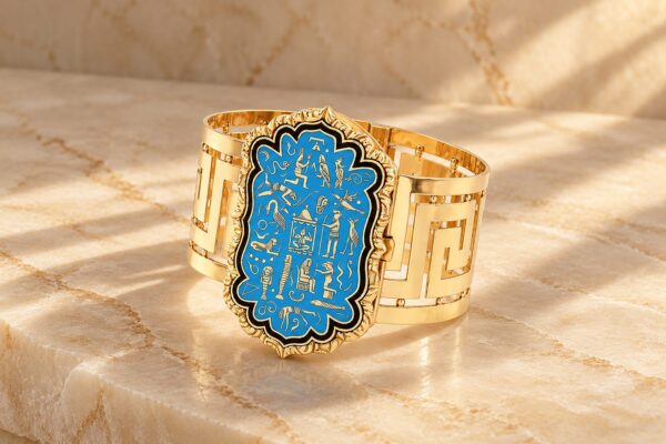 Antique Egyptian Revival Enamel and Gold Cuff Bracelet