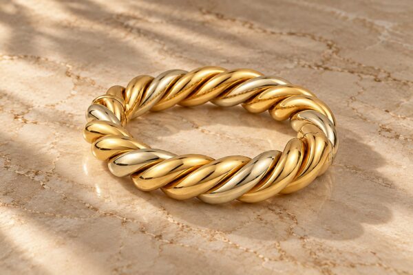 Mid Century Twisted Tricolor Gold Bangle Bracelet