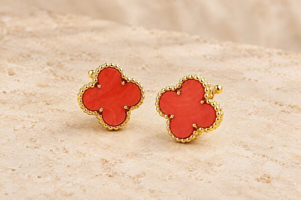 Van Cleef and Arpels Coral and Gold Vintage Alhambra Ear Clips