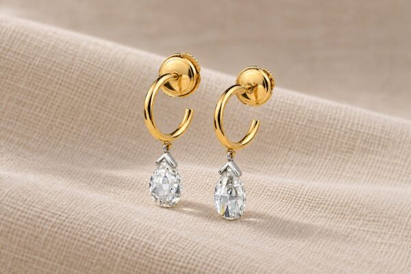 Gold Hoop with Briolette Cut Diamond Drop Ear Pendants