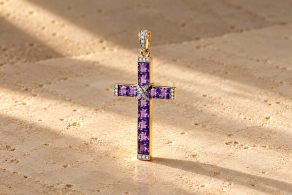 Mid Century Amethyst and Diamond Cross Pendant