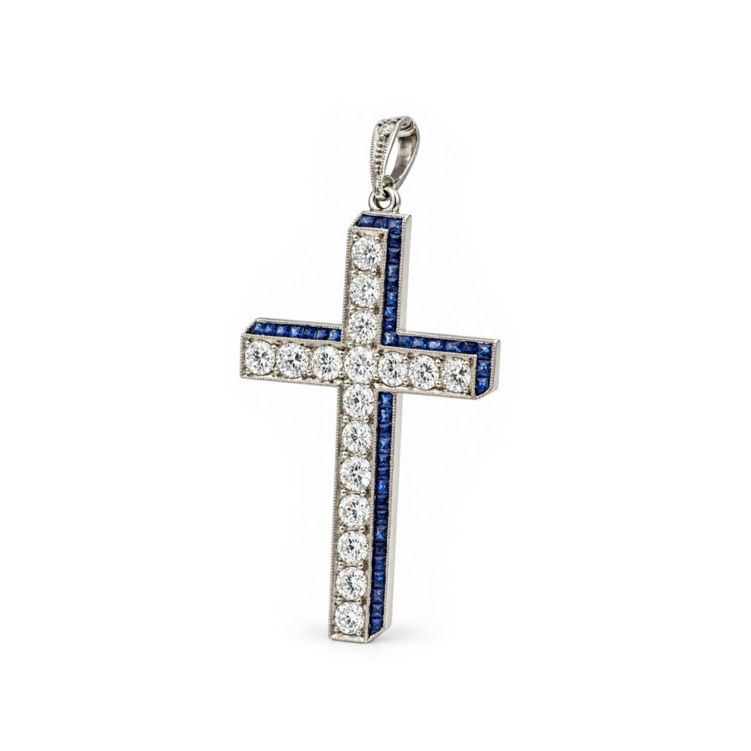 Mid Century Diamond and Sapphire Cross Pendant