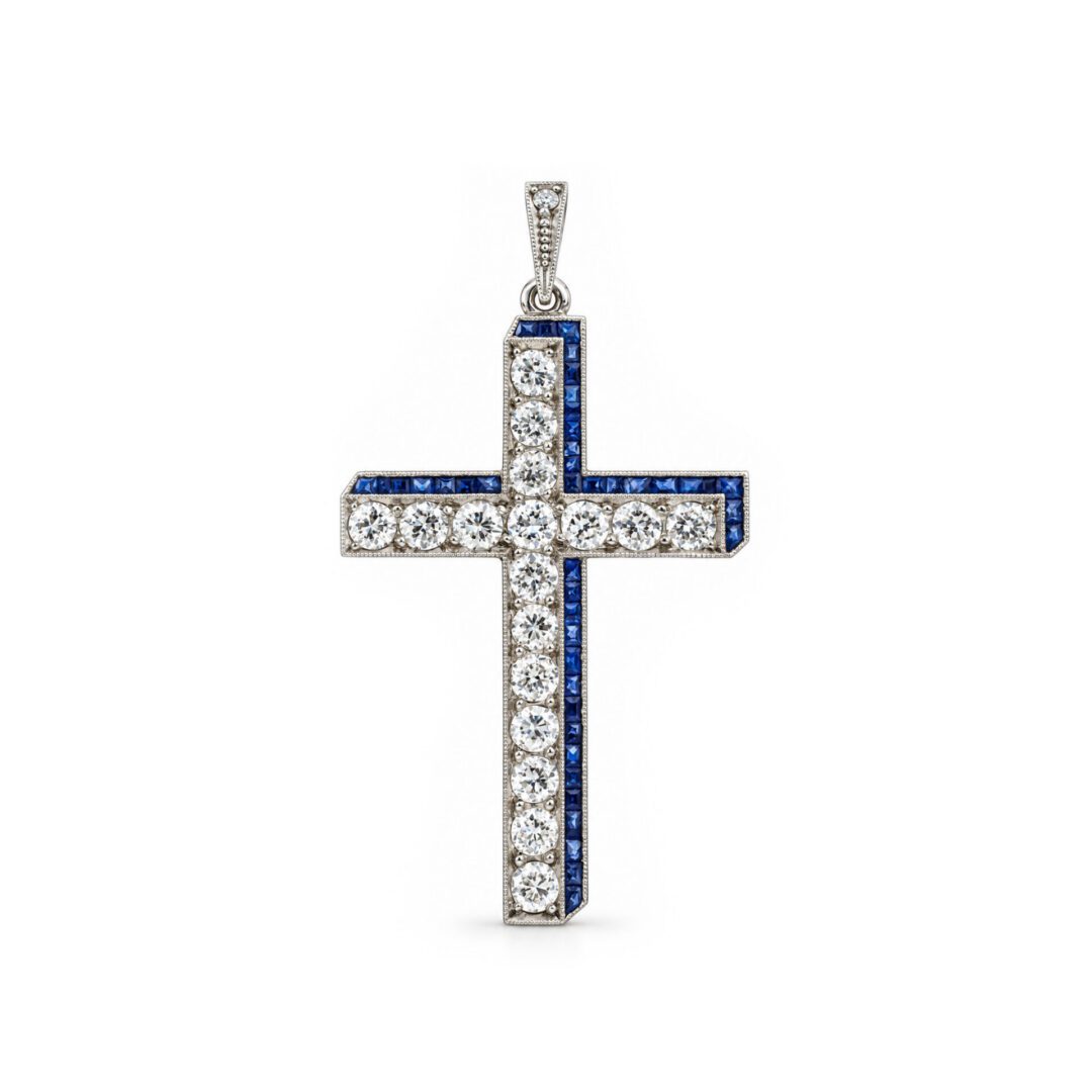 Mid Century Diamond and Sapphire Cross Pendant