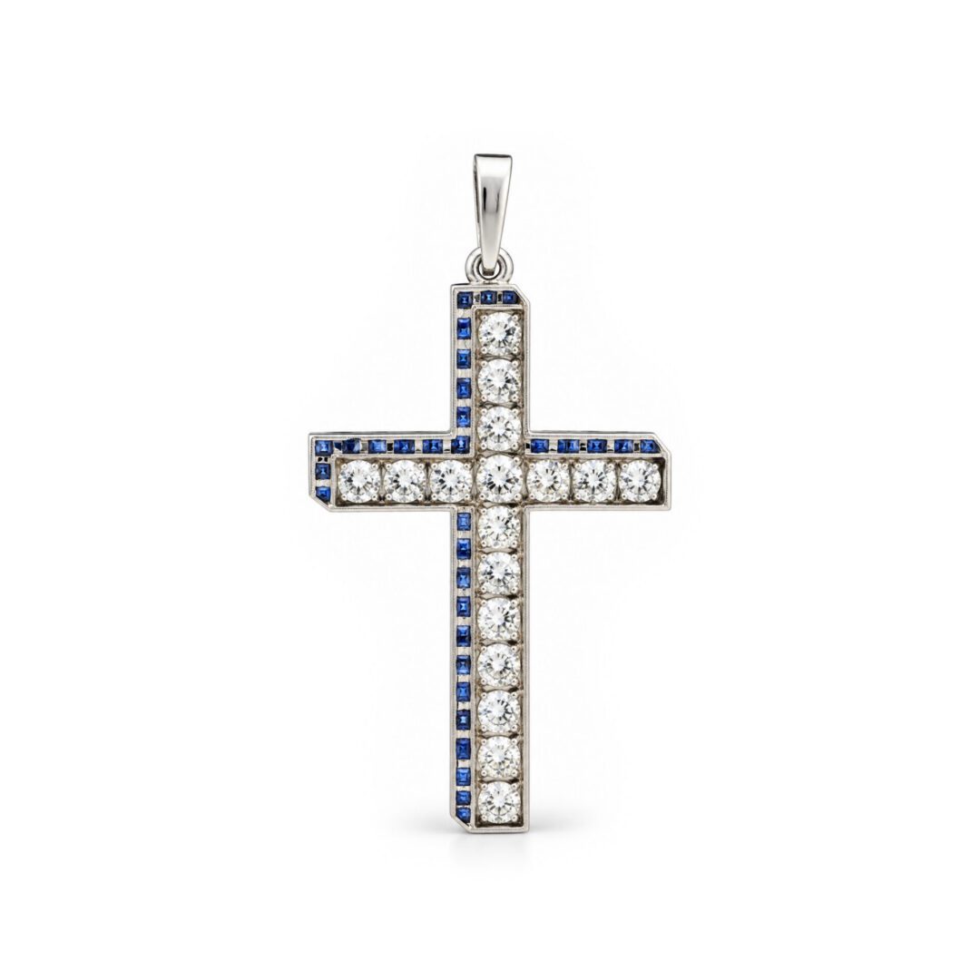 Mid Century Diamond and Sapphire Cross Pendant