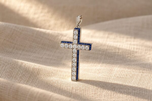 Mid Century Diamond and Sapphire Cross Pendant