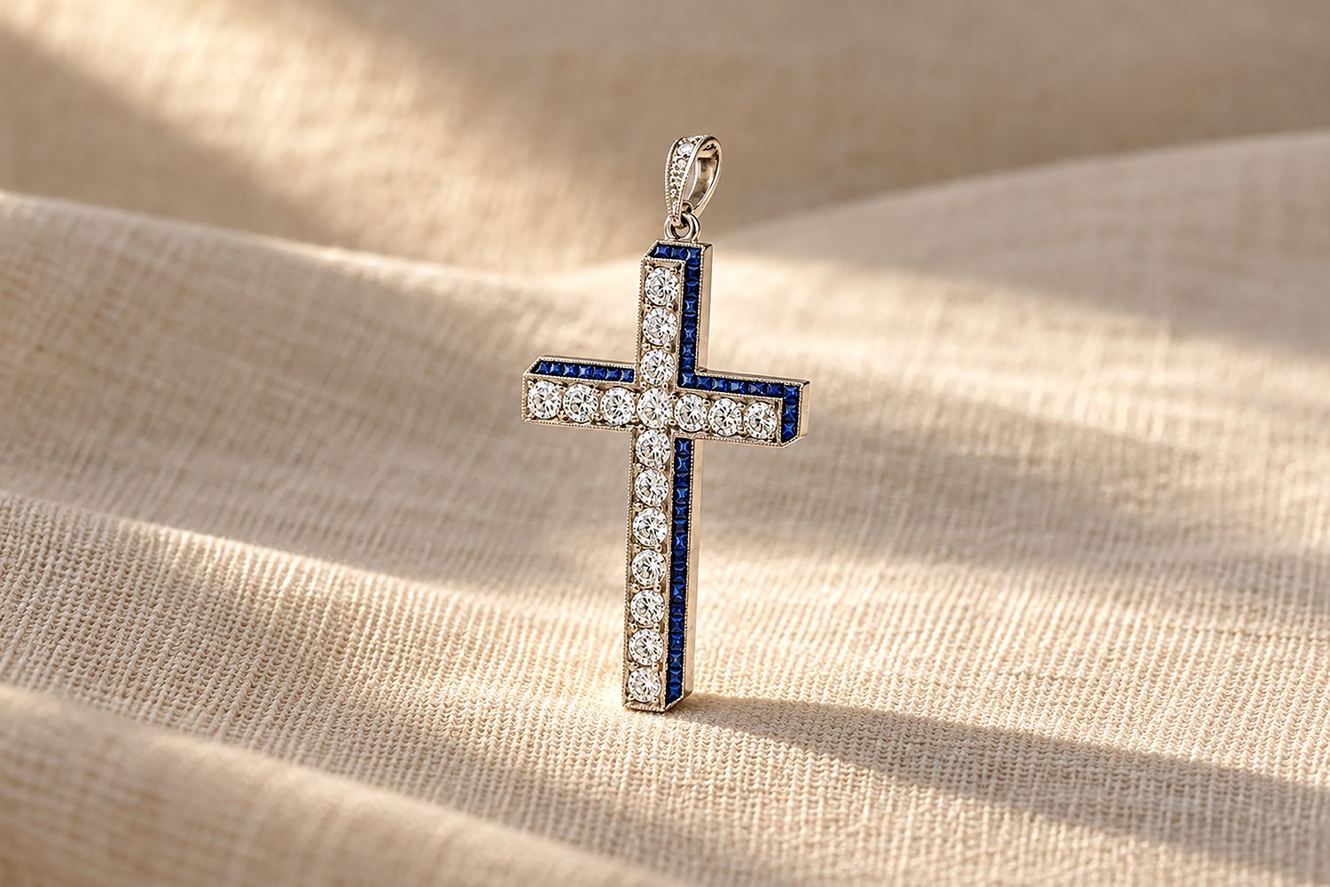Mid Century Diamond and Sapphire Cross Pendant