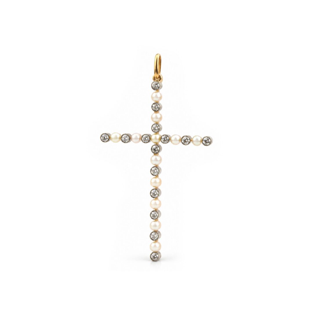 Antique Seed Pearl and Diamond Cross Pendant - Image 3