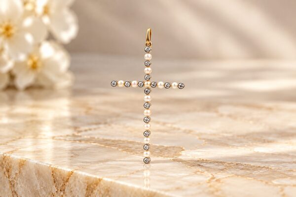 Antique Seed Pearl and Diamond Cross Pendant