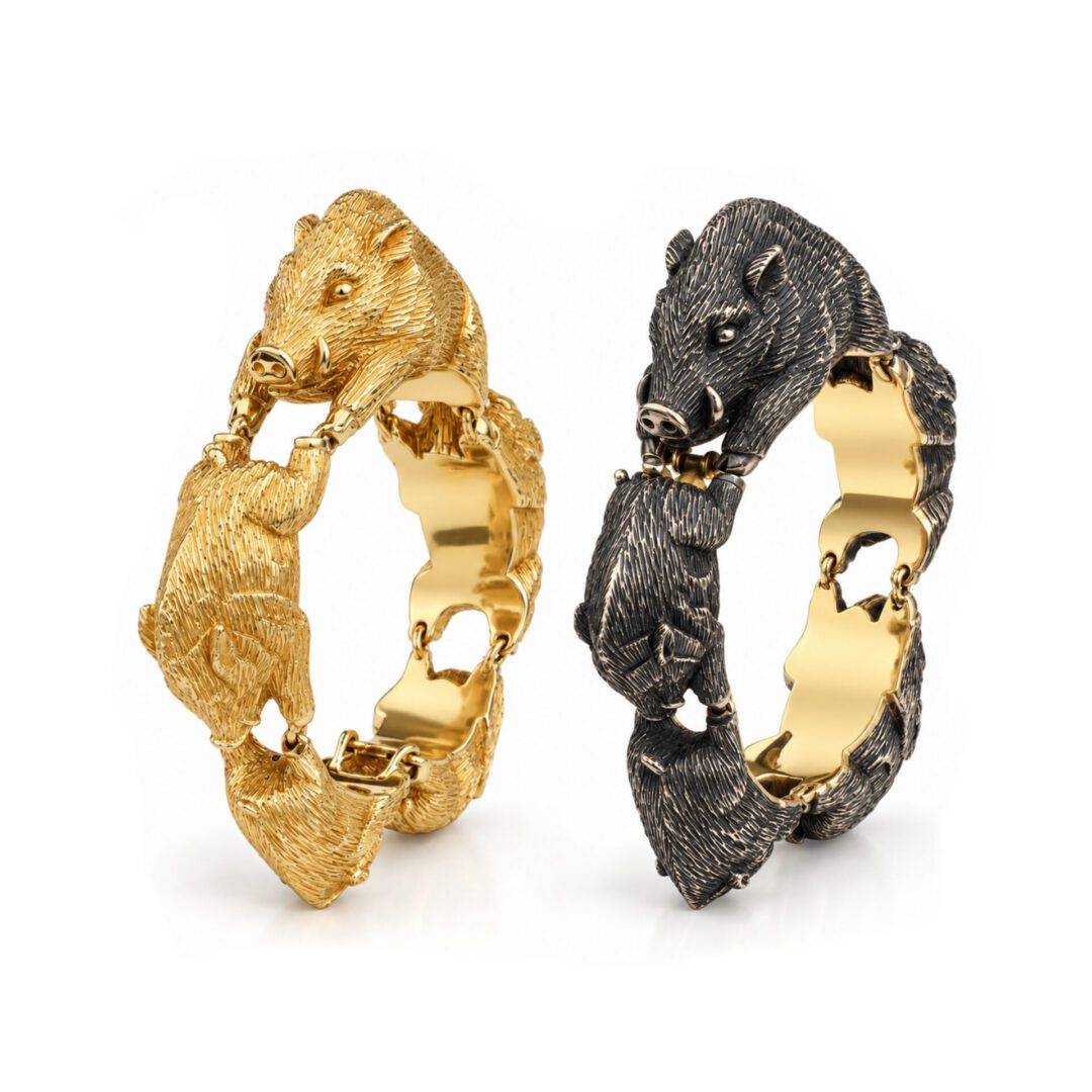 Mid Century Boar Link Gold and Silver and Gold Bracelets