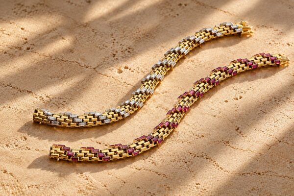 Mid Century Ruby and Diamond Flexible Gold Link Bracelets